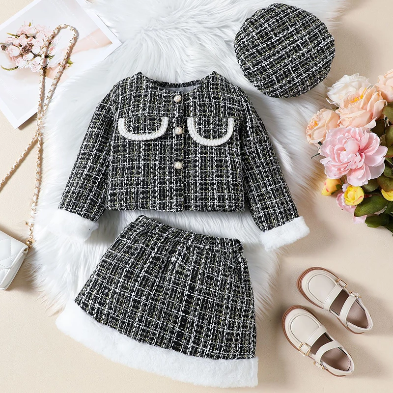 

3Piece Autumn Winter Toddler Girl Clothes Korean Fashion Black Plaid Tweed Long Sleeve Baby Coat+Skirt+Hat Children's Sets BC106