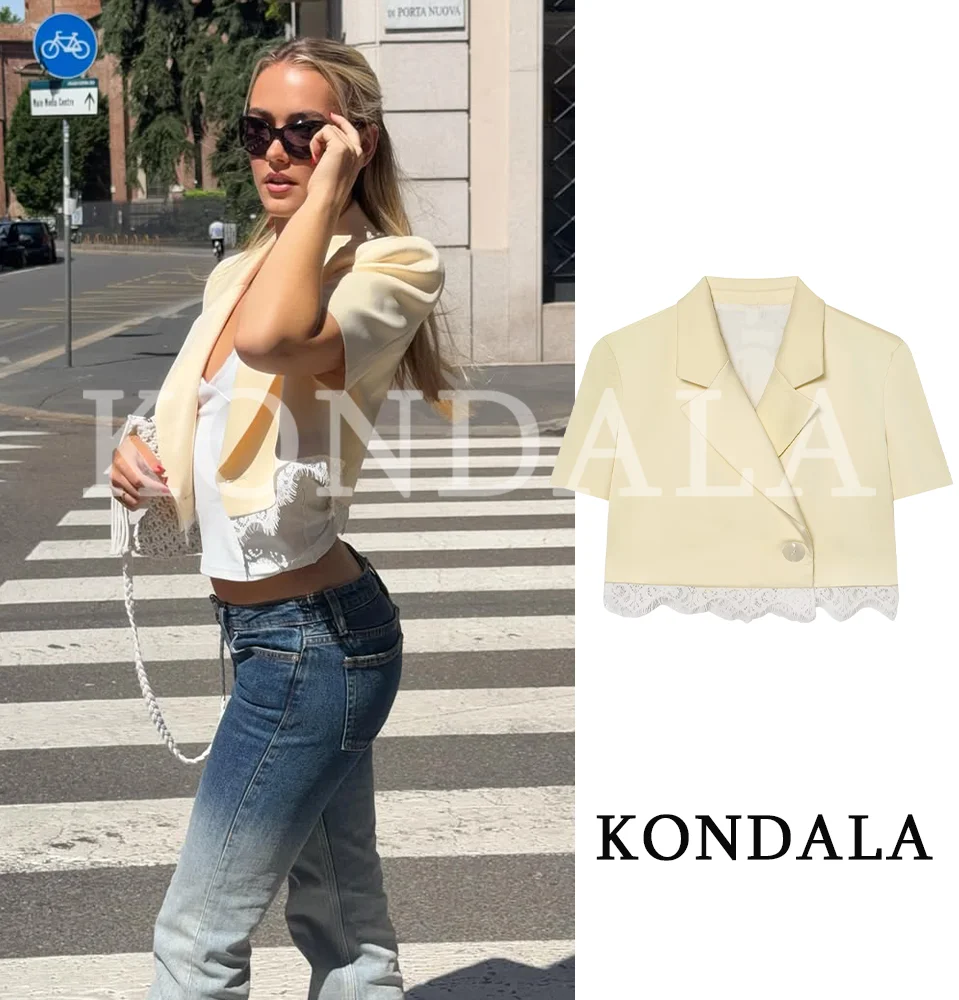 

KONDALA Women Trendy Elegant Short Sleeve Blazer Holiday High Street Lace Hem Short Blazer 2026 Summer Commute Chic Lady Blazer