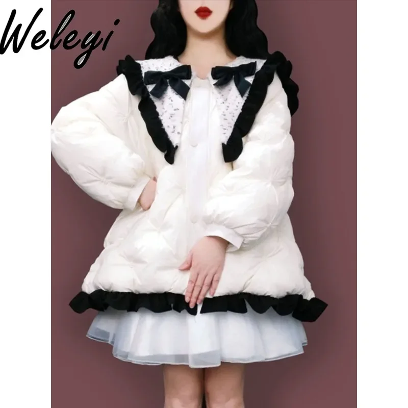 Super Popular Ruffle Edge Bow Down Cotton Coat Ropa Mujer Winter Cute Versatile New Doll Big Collar Loose Princess Cotton Coats