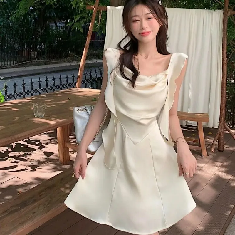 Korean Fashion Satin Dress Women 2025 New Spring Summer Ribbon Waist Cinching Slimming Camisole Sweet Dress for Woman