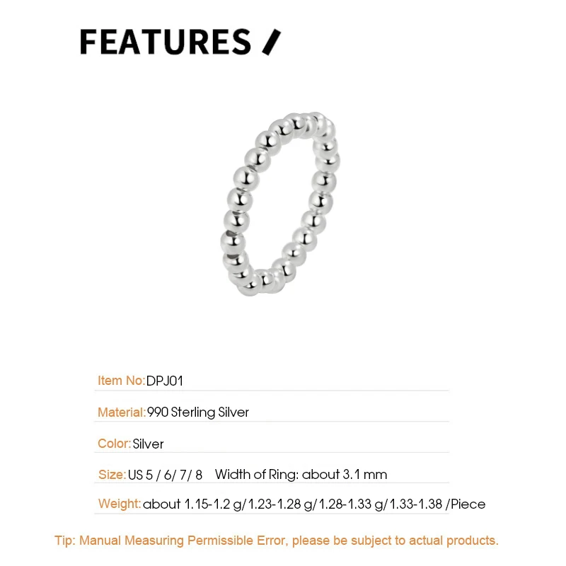 F.I.N.S Minimalist Elastic Rope Transfer Beads S990 Sterling Silver Ring Adjustable Finger Ring Stackable Beadwork Rings