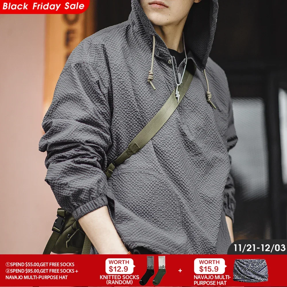 Maden Men Casual Jacket Hooded Hoodies Spring and Autumn Pullover Hooded Jacket Solid Color Gray Clothing for Men Loose Comfort