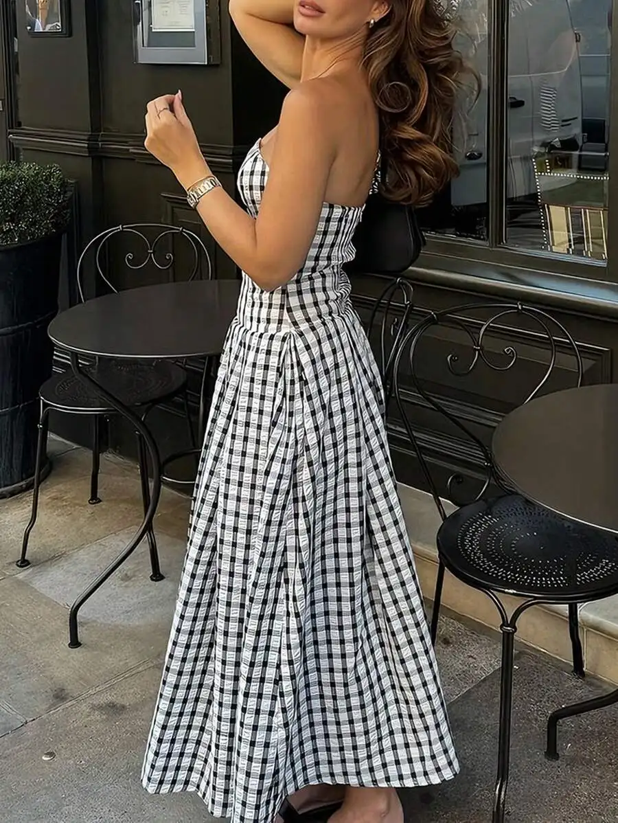 

Plaid Print Strapless Pleated Maxi Dress For Women Casual Outdoor Wear