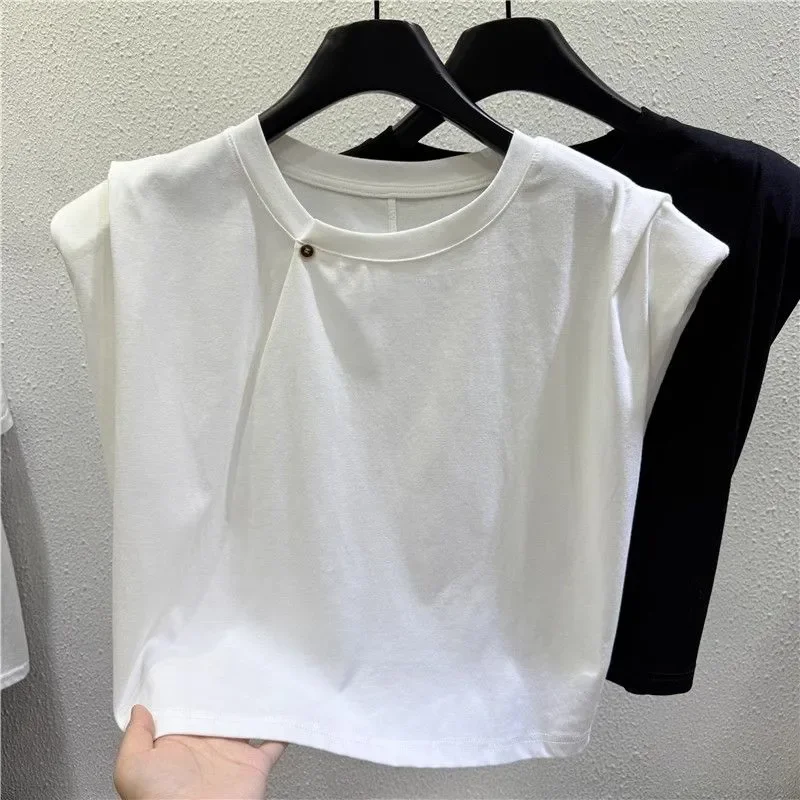 Women's Black And White Sleeveless Crop Top Round Neck With Metal Button Detail Slim Fit Basic Summer Tank Top