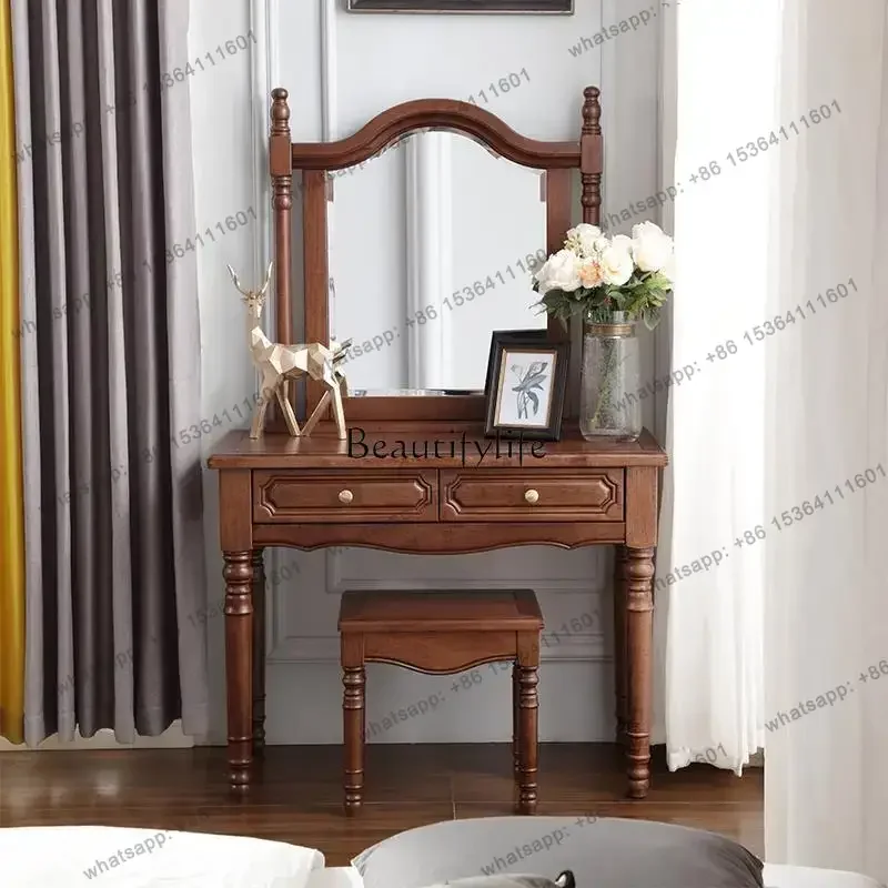 

X4 American-style Light Luxury Solid Wood Dressing Table Mocha Brown Vintage Furniture with Mirror Makeup Table