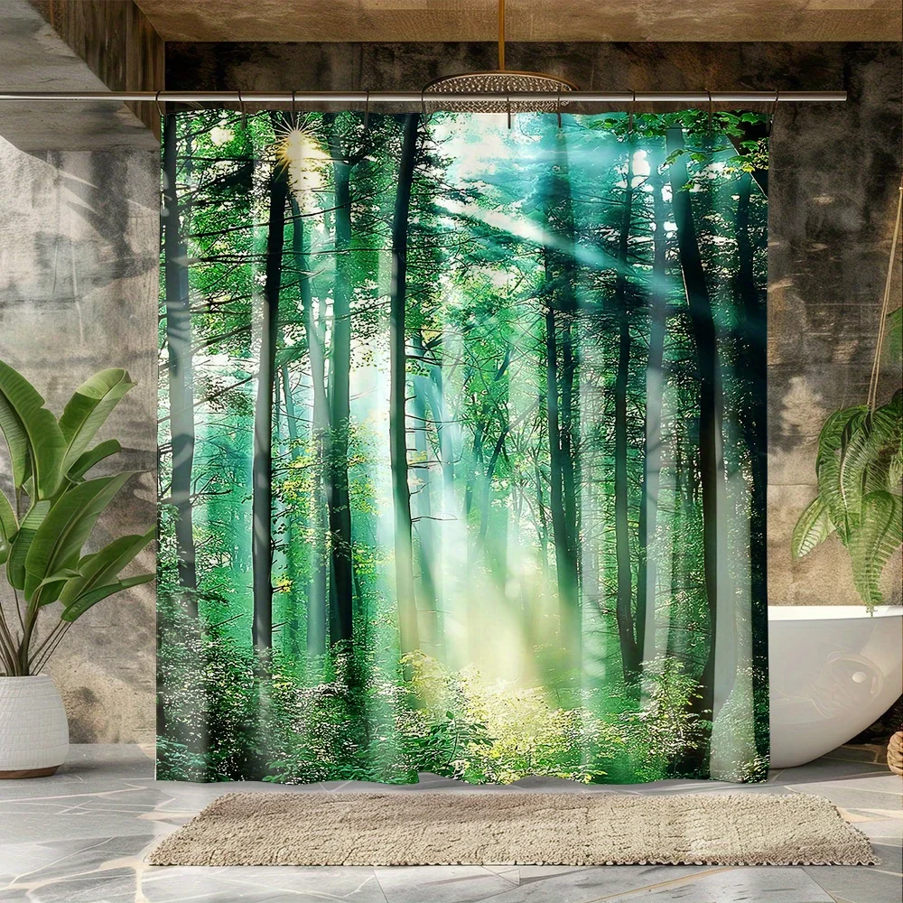Tropical foliage landscape bathroom shower curtain machine washable, stylish bathroom decorative shower curtain with 12 hooks
