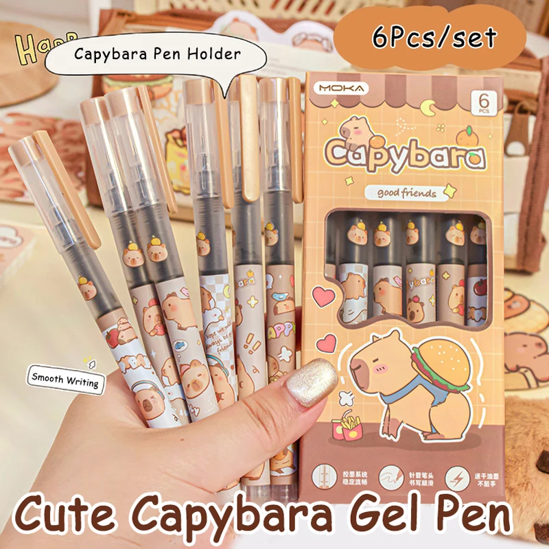 Capybara-Stylos gel d'écriture à encre noire lisse, accessoires de bureau, école, étudiant, enseignant, cadeau, esthétique, papeterie, 6 pièces