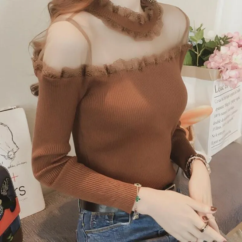 Ladies New Fashion Mesh Splicing Pullover Sweater Women Clothing Girls Autumn Casual Knitwear Female Woman OL Sweaters VA1251 2