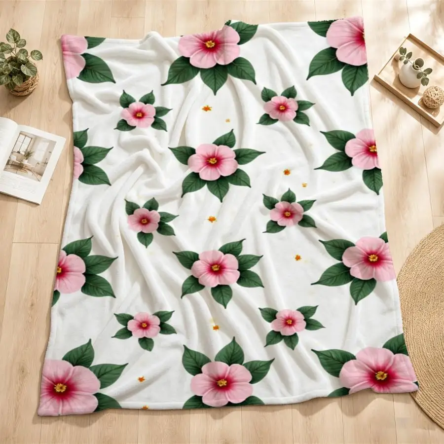 Soft Pink Hibiscus Floral Flannel Throw Blanket - Cozy Warm Fleece with Green Leaves on White, Ideal for Couch Bed Office Travel, Perfect Vintage Style Gift for Family & Friends 2D Flat Weighted Blanket 280GS