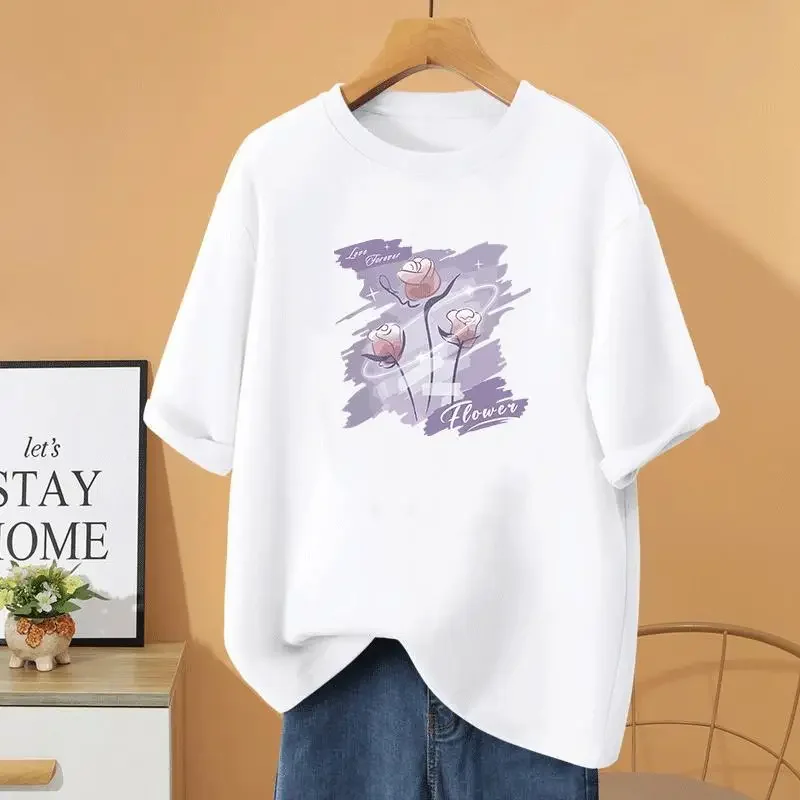

Summer Women Clothing Vintage Casual O-neck Pullovers Printed Short Sleeve Top Tee 100% Cotton Loose Basic T-shirt