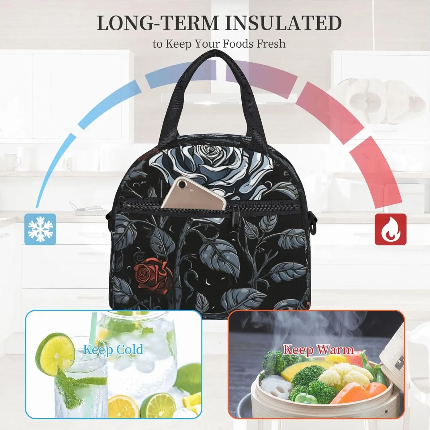 Lunch Bag Women Large Rose gothic Printed Insulated Lunch Bag Portable Cooler Lunch Box for Work Picnic Travel