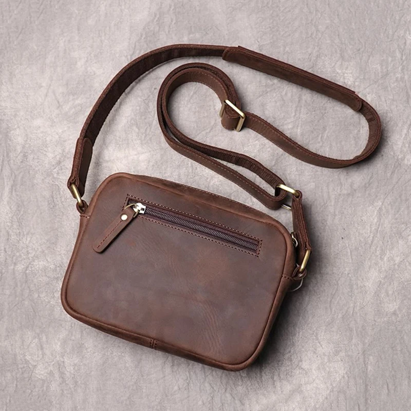 Imagem -04 - Bolsa de Ombro Couro Verdadeira Masculina Bolsa de Telefone Vintage com Zíper Diário Couro de Cavalo Louco Simples Estilinga Retrô