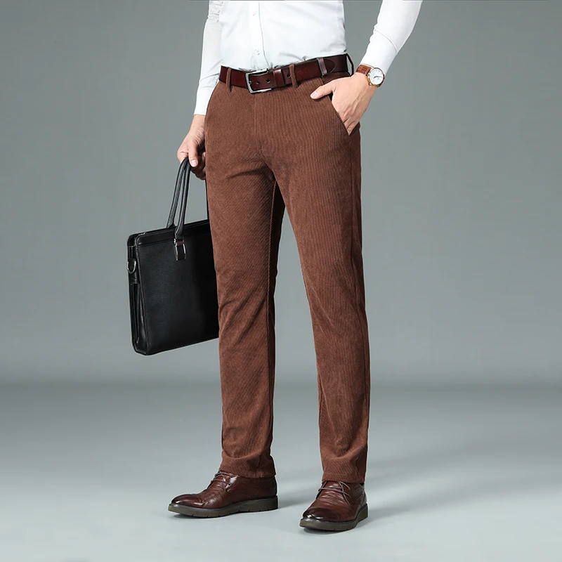 2026 New Spring and Autumn Corduroy Pants Men Business Fashion Slim Fit Stretch Gray Khaki Fluff Casual Trousers Male