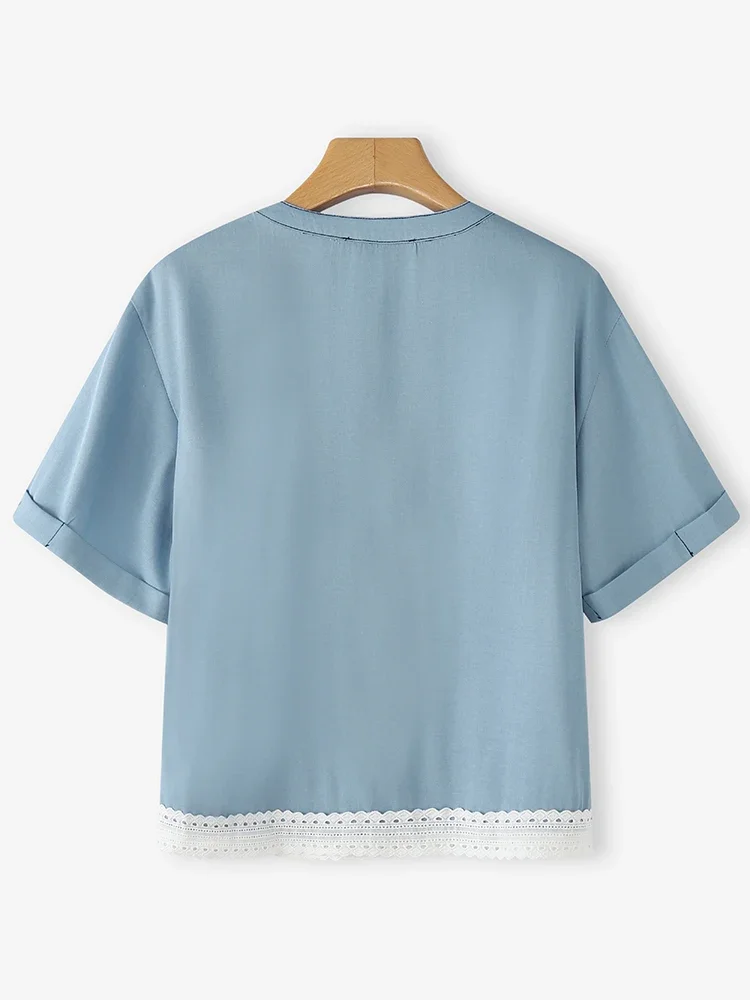 ZANZEA قمصان صيفية للسيدات بلوزة عصرية بأكمام قصيرة مُزينة بالدانتيل 2025 أزرار أنيقة ملابس علوية فضفاضة غير رسمية بلوزة كلاسيكية #4