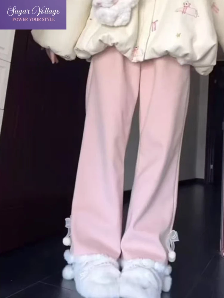 

Милые розовые брюки на флисовой подкладке, женские зимние толстые прямые брюки-клеш в корейском стиле с высокой талией, теплые облегающие повседневные длинные брюки