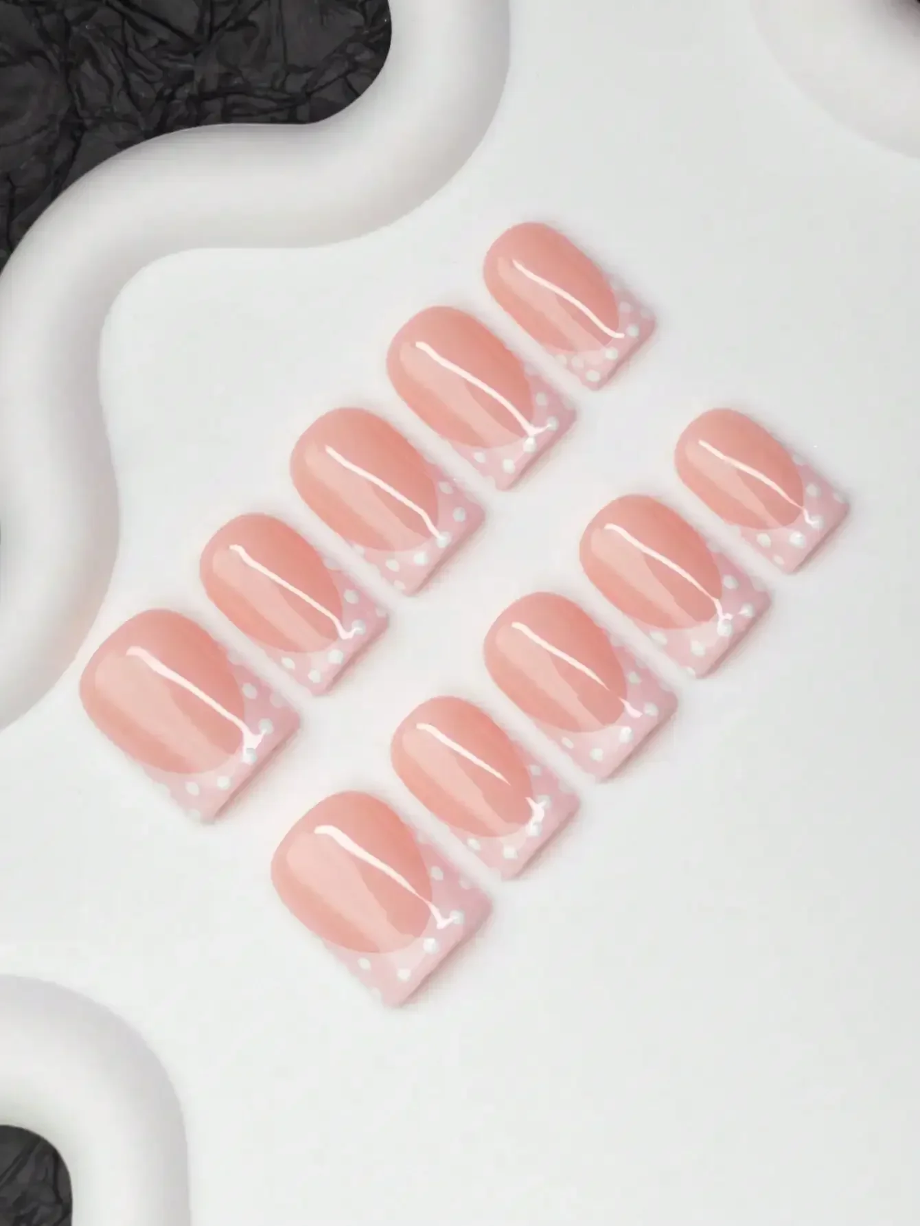 

10pcs Square Shaped Handmade Nail Tips, Y2K Baddie Style, Nude & Pink Color With French Tips And Polka Dot Design, Suitable