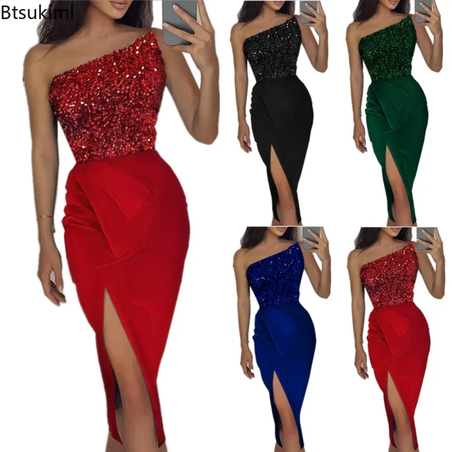 

2024 Women's Summer Sexy Dress One Shoulder Sequin Design Slit Long Skirt Evening Party Dress For Wedding Guest Vestidos Mujer