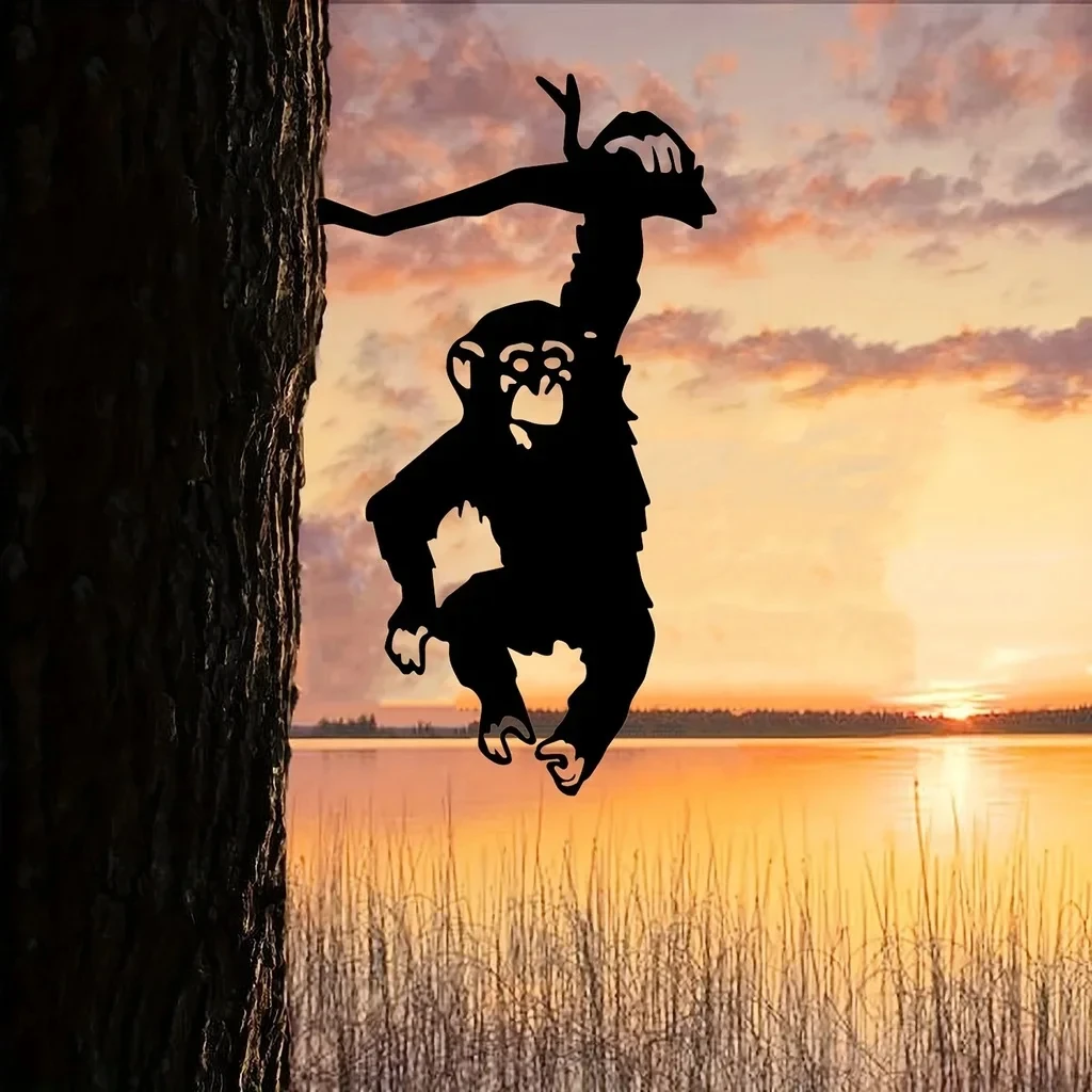 2D Metal Monkey Hanging On The Branch Garden Stake, Yard Art Decor, Silhouette Metal Wall Art Home Garden Patio Outdoor Statue