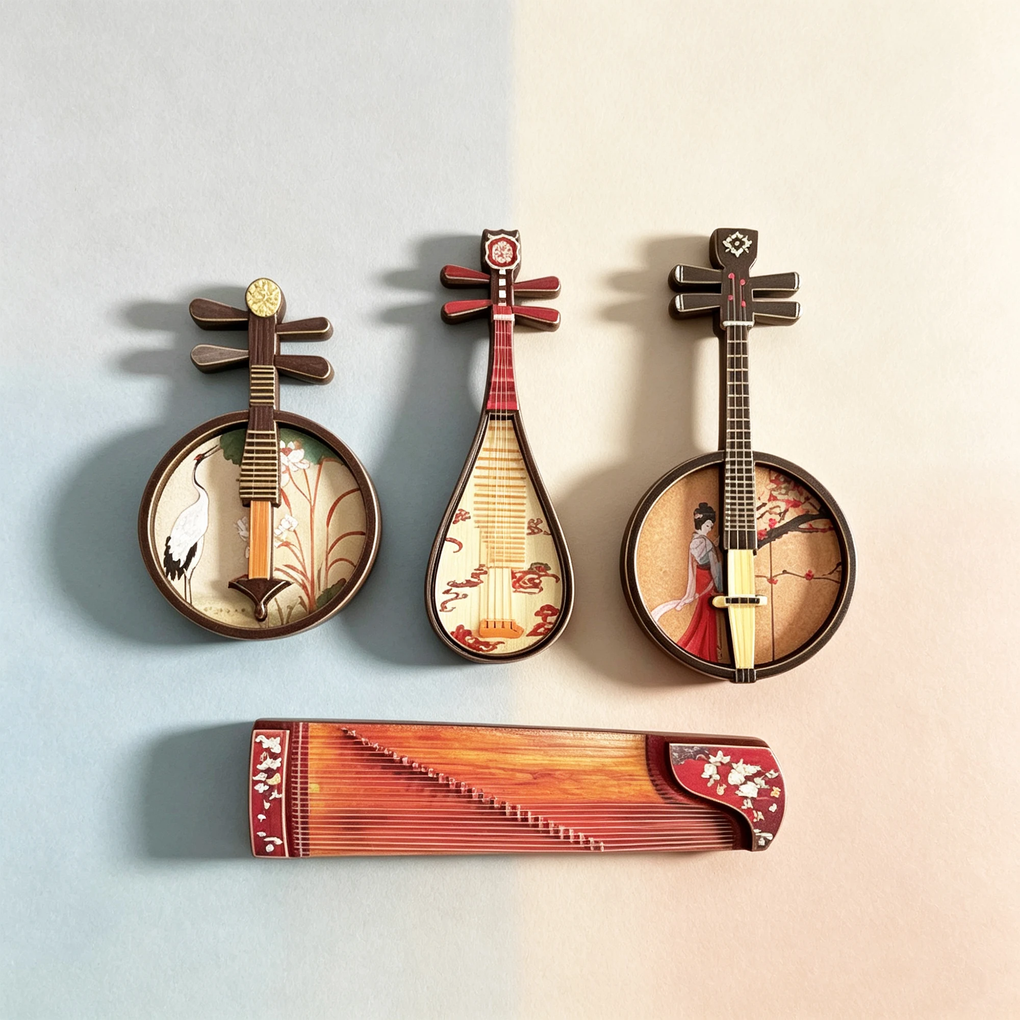 Chinese Musical Instrument Fridge Magnets, Wooden Pipa Guzheng Ornaments, Creative Cultural Gift for Kids Adults