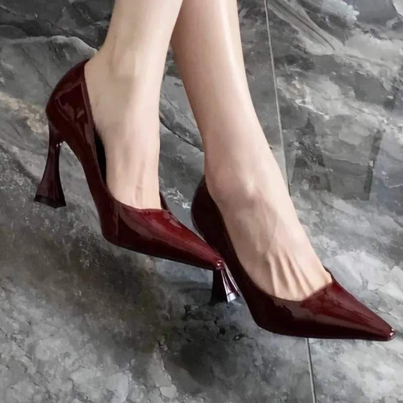 

2025 г. Женские туфли без шнуровки на высоком каблуке, модные вечерние туфли-лодочки, женские туфли из искусственной кожи с острым носком, женские туфли Zapatos De Mujer