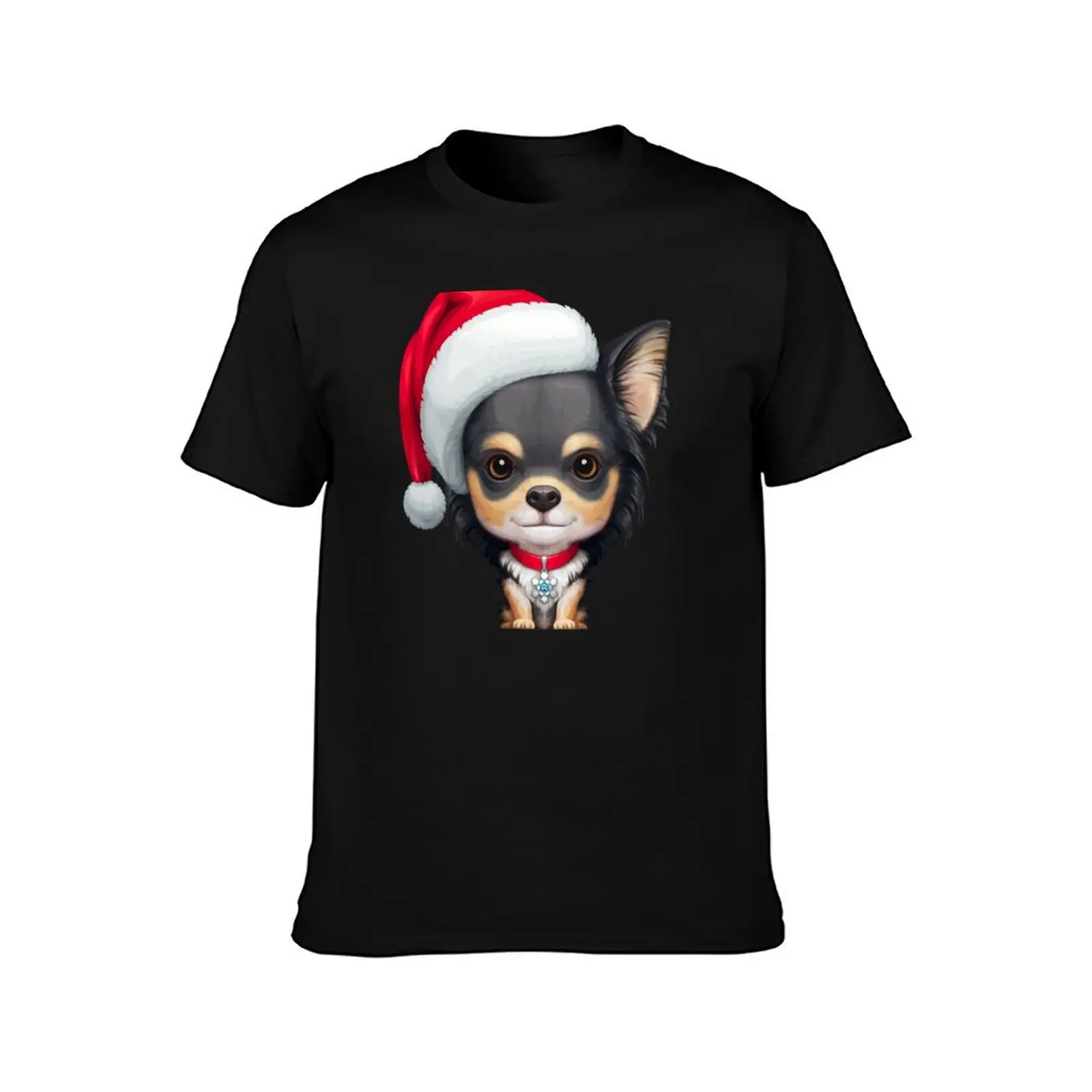 Long Coat Tricolor Chihuahua Dog Wearing Santa Hat T-Shirt man t shirt korean fashion compression shirt men