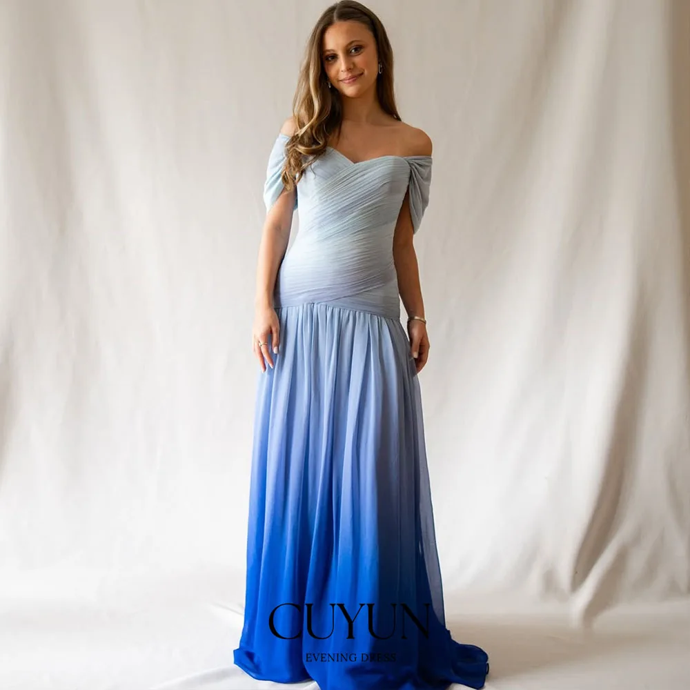 

CUYUN индивидуальные градиентные синие платья для выпускного вечера с открытыми плечами, женское вечернее платье трапециевидной формы с корсетом на спине, свадебные платья для гостей