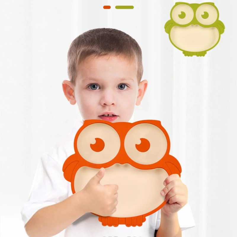 

New Dual-Color Food-Grade Silicone Baby Plate Owl-Shaped Easy-Clean Suction Plate for Kids Toddler Training Feeding Bowl