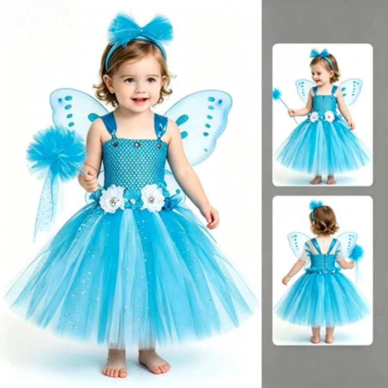 

Little Girls Blue Flower Fairy Princess Dress,Blue Elf Costume Outfit with Butterfly Wings and Magic Wand, Halloween Party Dress