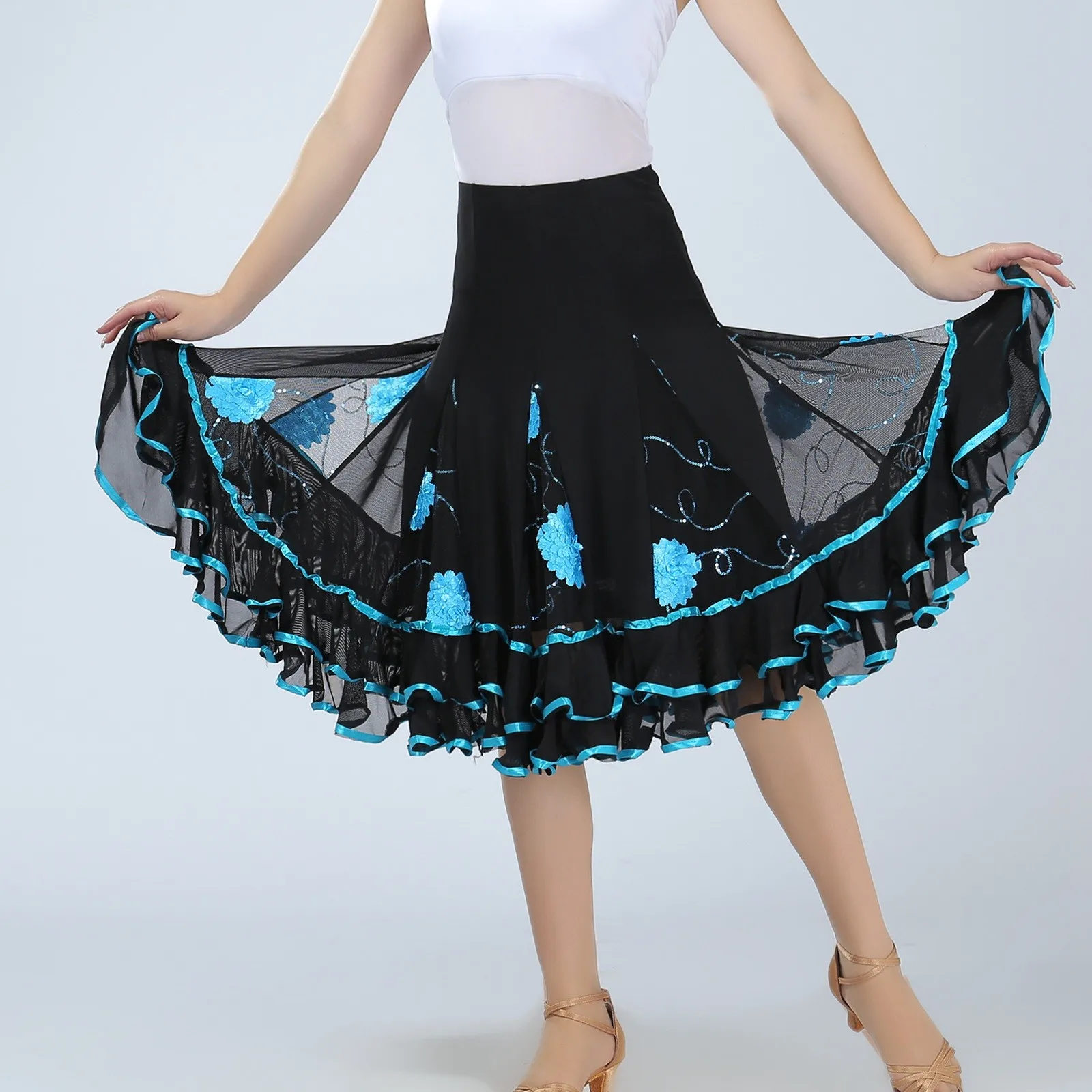 Latin Tango Modern Half Skirts Women's Ballroom Dancing Skirt Flower Sequin Mesh Performance Costume Big Swing Ruffles Vestidos