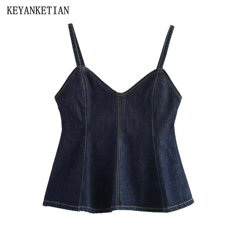 

KEYANKETIAN, новый летний женский яркий ковбойский топ с лямкой на шее Y2K, тонкий джинсовый топ с v-образным вырезом, укороченный топ на молнии сзади, тонкий