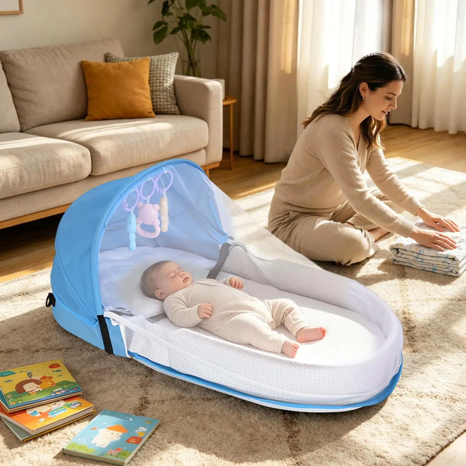 Kid Bed Travel Lightweight Sleeping Crib With Fly Net Portable Kid Travel Bed For Camping Airplane Car Floor Bedside Daycare