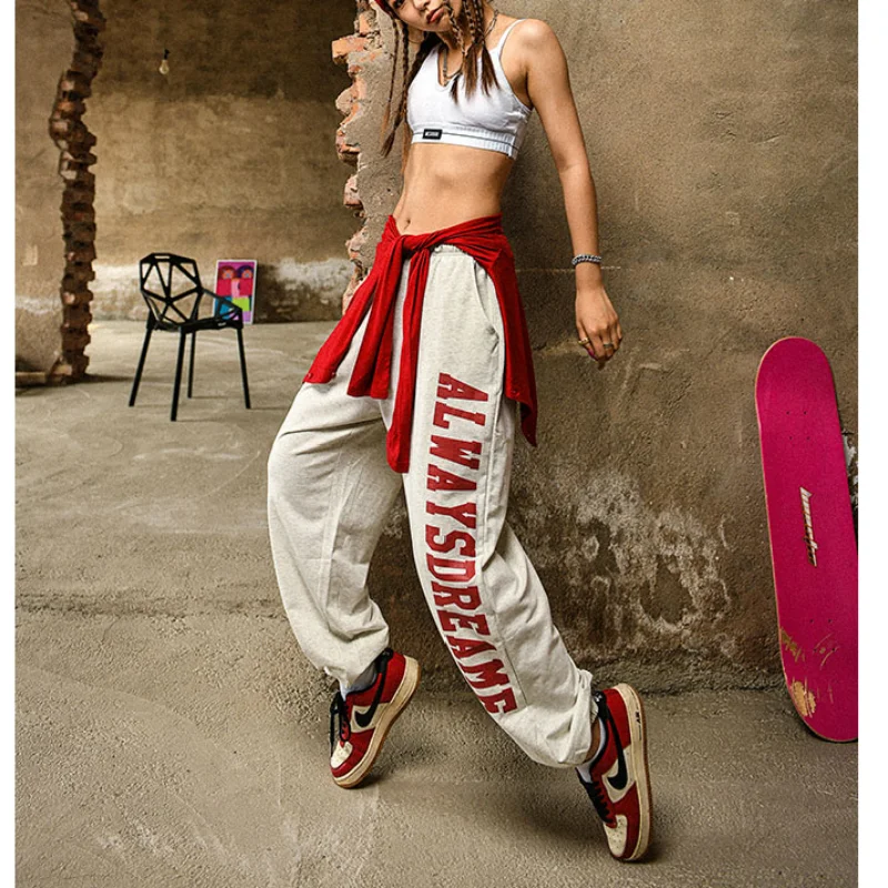 Pantalon de survêtement imprimé lettre pour femme, personnalité de la rue, taille haute, hip-hop, vintage, automne, hiver, nouveau