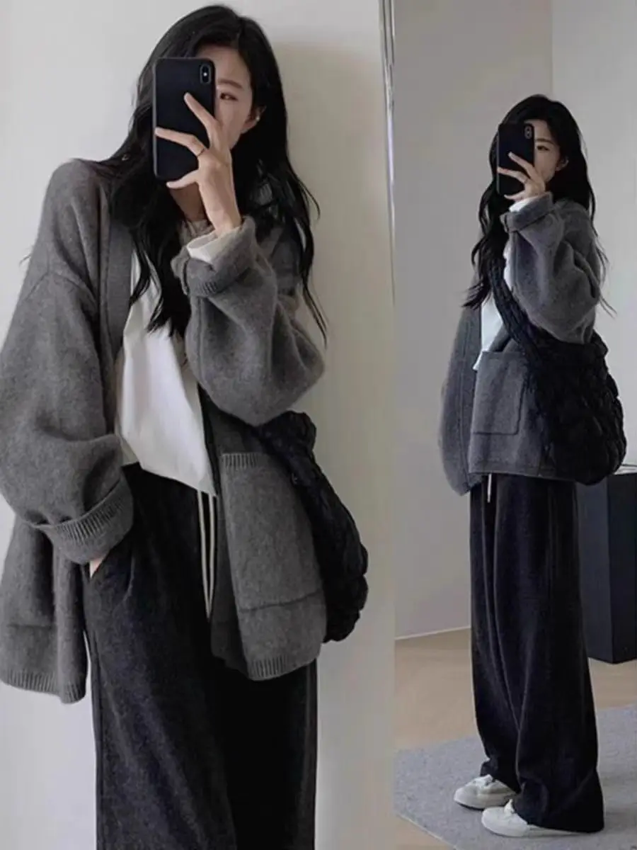 European goods 100% wool cardigan women's knitwear medium and long sweater soft loose thickened cashmere coat