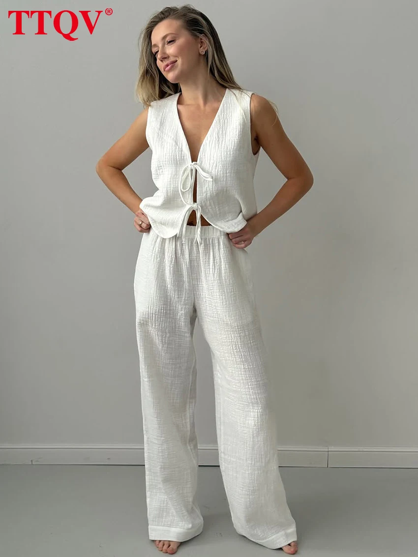

TTQV Summer Loose White Women's 2-Piece Sets 2026 Fashion Sleeveless Tank Top With High Waist Wide Pants Set Female Clothing