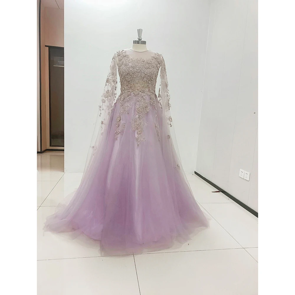 Siliweya rosa azul vestidos de festa à noite com capa luxo a linha modesta mangas compridas até o chão vestidos de baile de formatura ocasiões formais