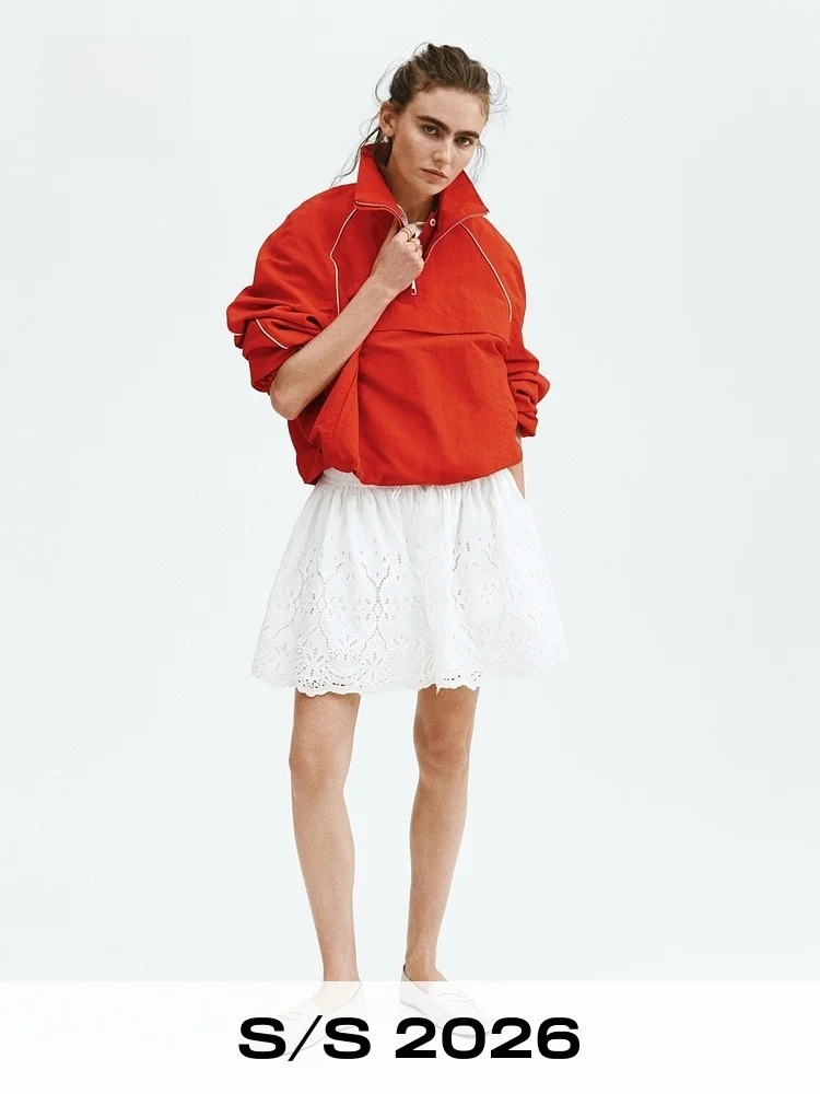 

H&M Women's Hollow out Embroidery Semicircular Skirt Spring 2026 Loose Fit mid Waist Nylon Fabric A-Line Skirt