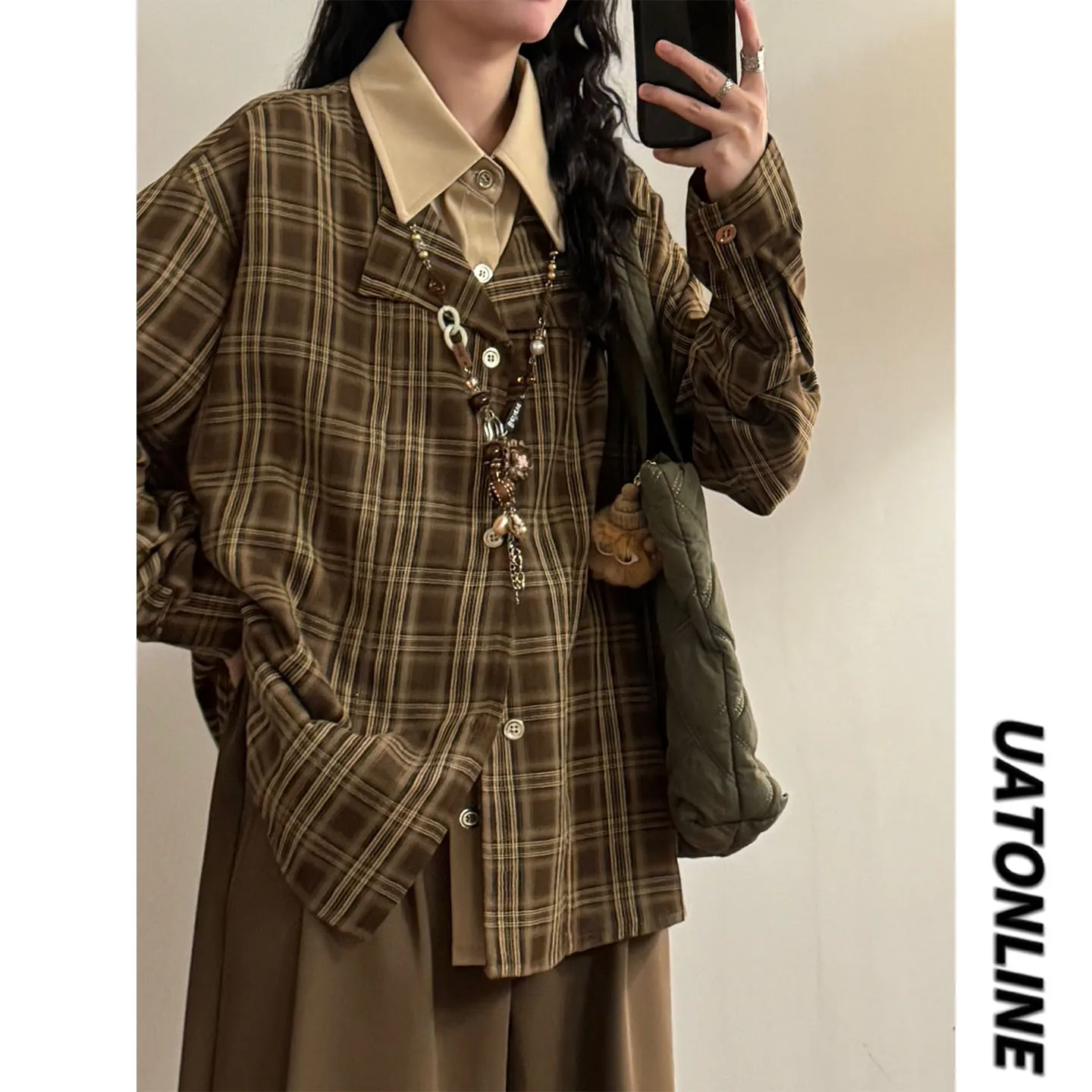 

UATONLINE2026 Spring American Retro Plaid Long Sve irt Women's Layered Design Sense Fake Two-Piece Loose Fit Collar