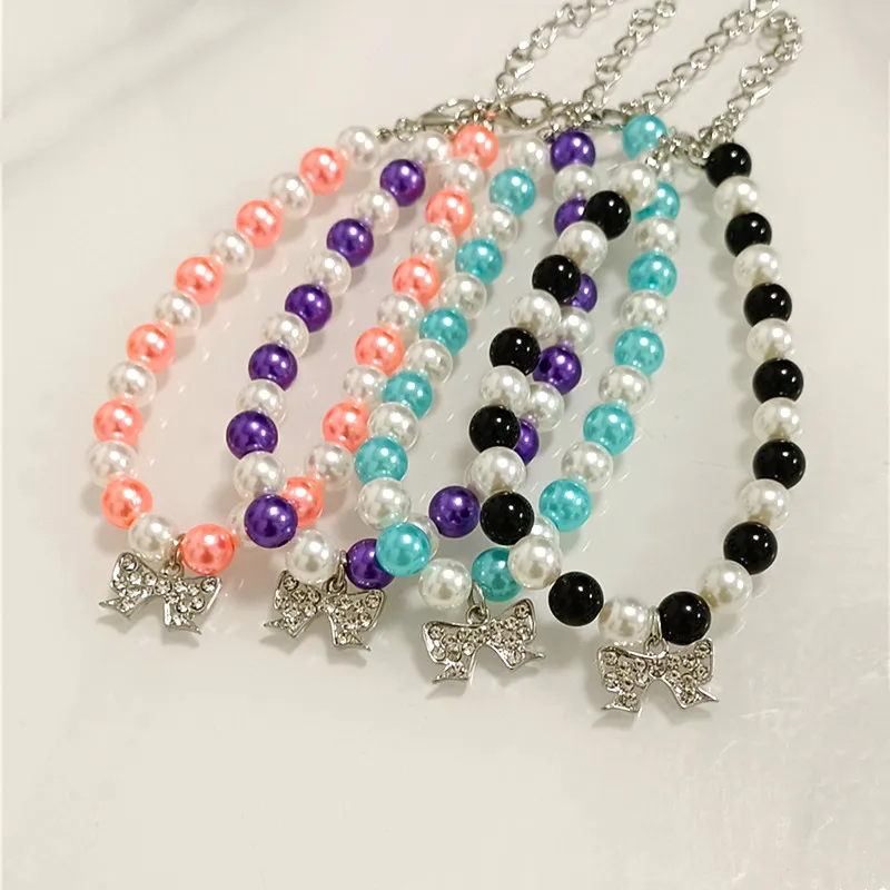 

Noble Dog Necklace Jewelry With Bow Pendant Adjustable Collars For Girls Mix Color Pearl Decor Harness Collar Pet Dog Accessory