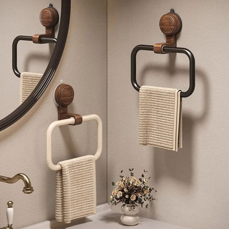 

Vintage Walnut Towel Rack | Suction Cup Wall-Mounted Bathroom Organizer | No-Drill Installation | Perfect for Bath Accessories
