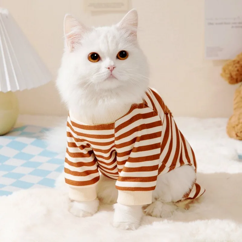 Fashion Pet Striped Dog Jumpsuits Winter Warm Dog Pajamas Cute Cartoon Cat Jumpsuits Soft Puppy Tracksuits Chihuahua Dog Clothes