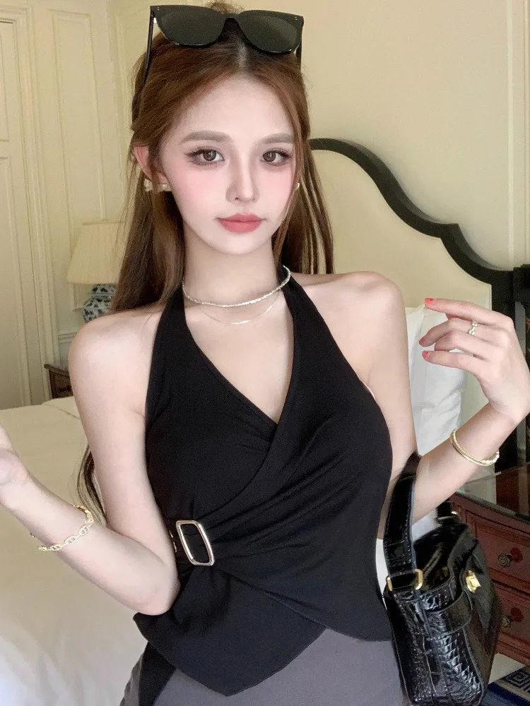 

Summer Cool Neck V-Neck Strap Vest Women's Spring Summer New Sexy Backless Slimming Versatile Spicy Girl Top City Walk Polyes...