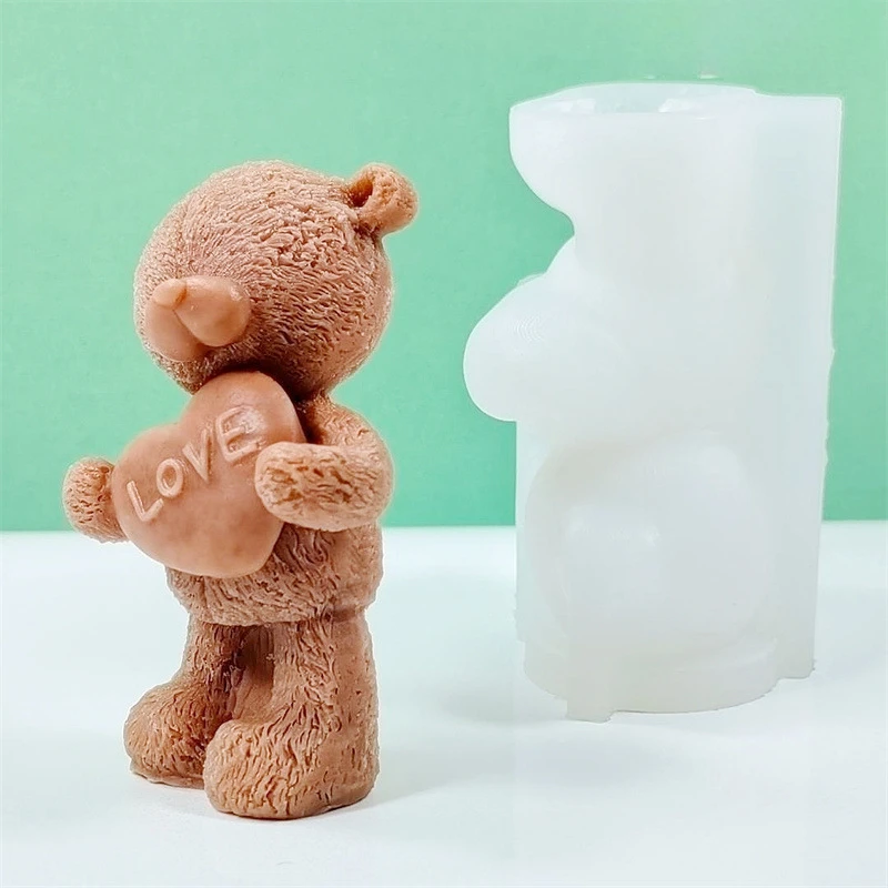 Valentine\'s Day Love Bear Silicone Candle Mold 3D Standing Bear Hugs Love Heart Crafts Resin Gypsum Soap Mold Home Gifts