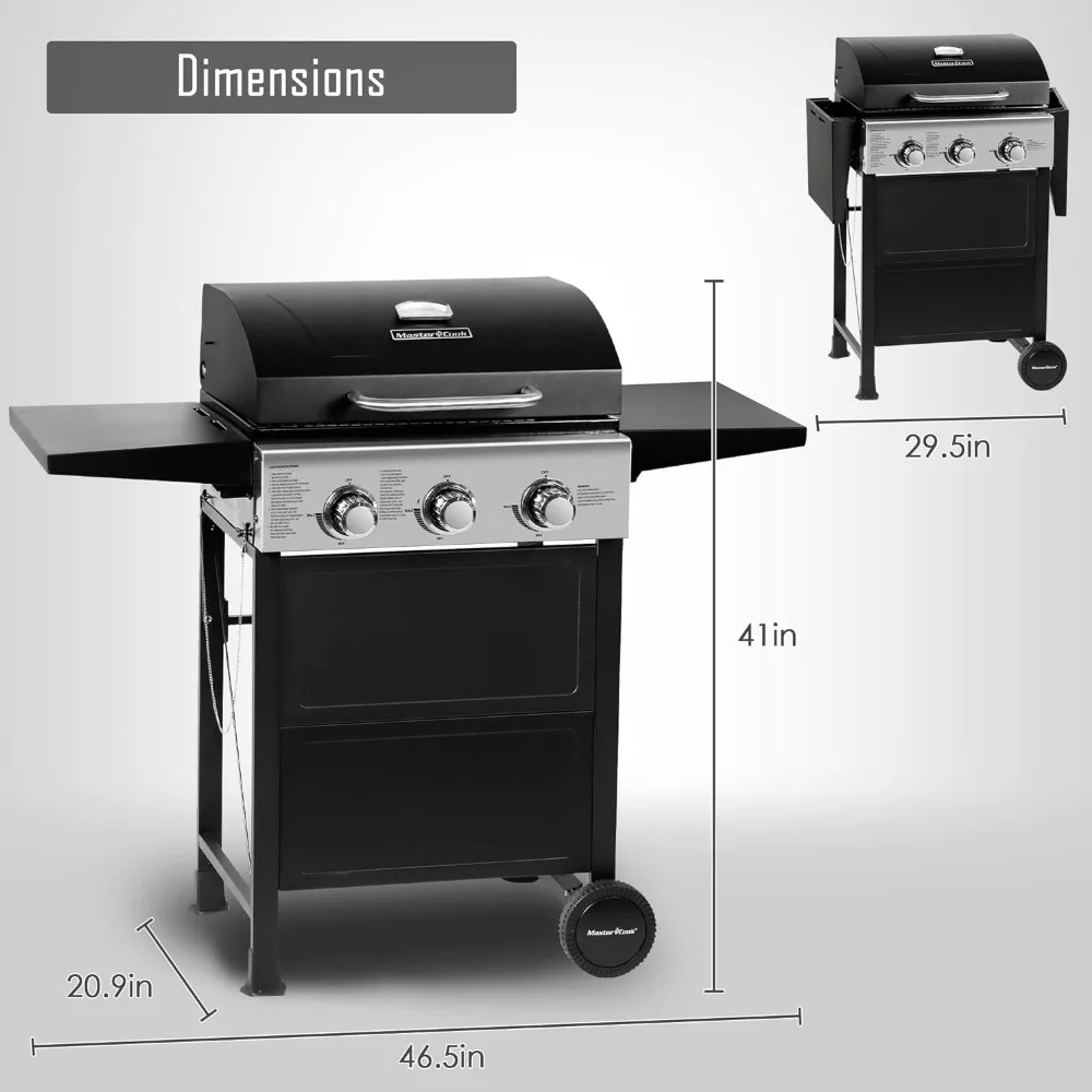 Parrilla de Gas propano para barbacoa, 3 quemadores, acero inoxidable 30.000 BTU, Patio, jardín, con dos estantes plegables