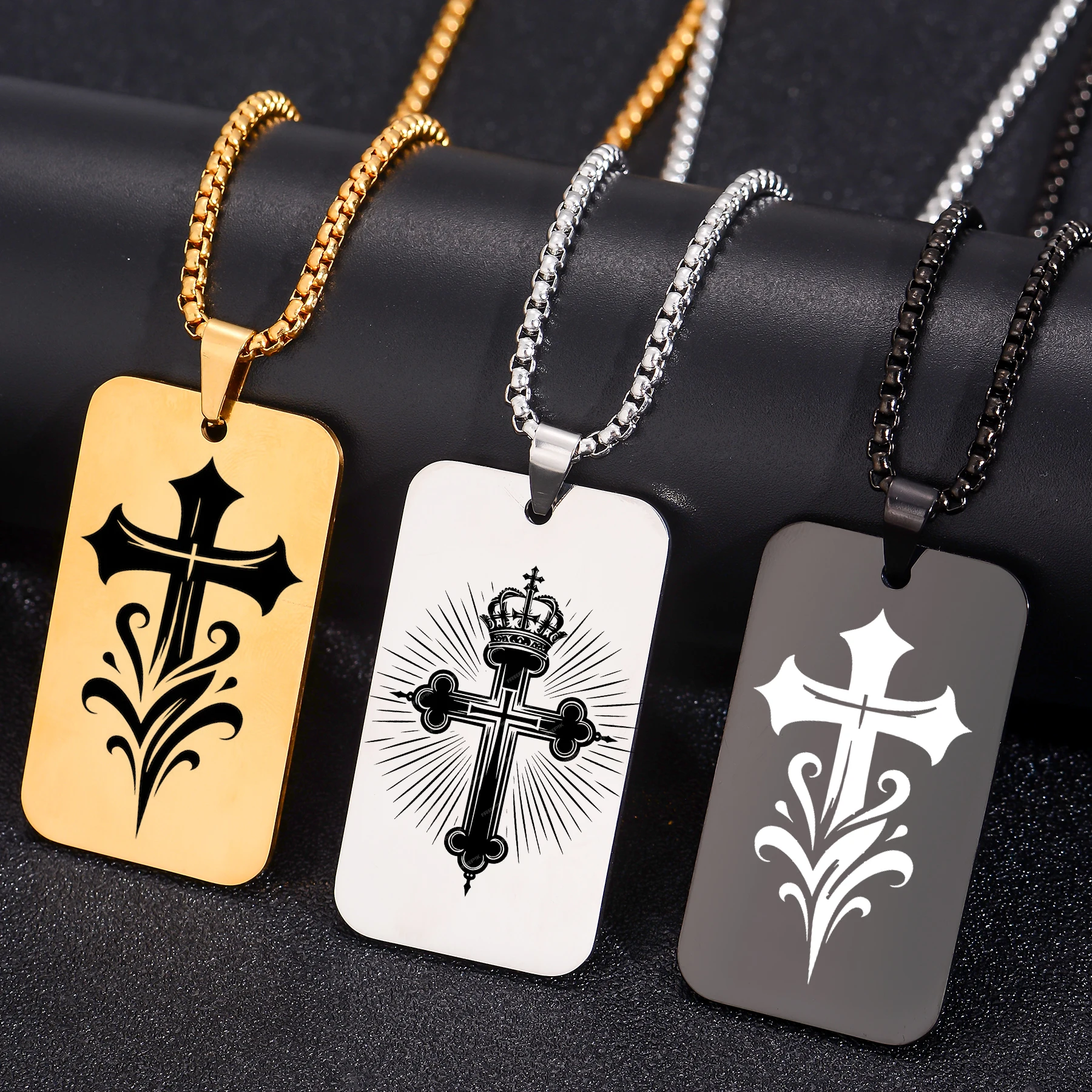 

Vintage Gothic Dog Tag Necklaces For Men Stainless Steel Custom Cross/Crown/Halloween Patterns Pendant Necklace