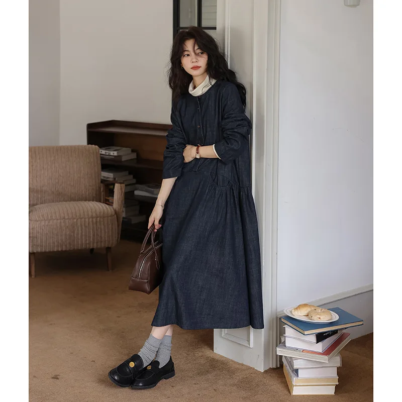 

Retro Minimalist O-neck Long-sleeve Denim Blue Dress For Women Spring-autumn Harajuku Literary Academy-style Versatile Dress