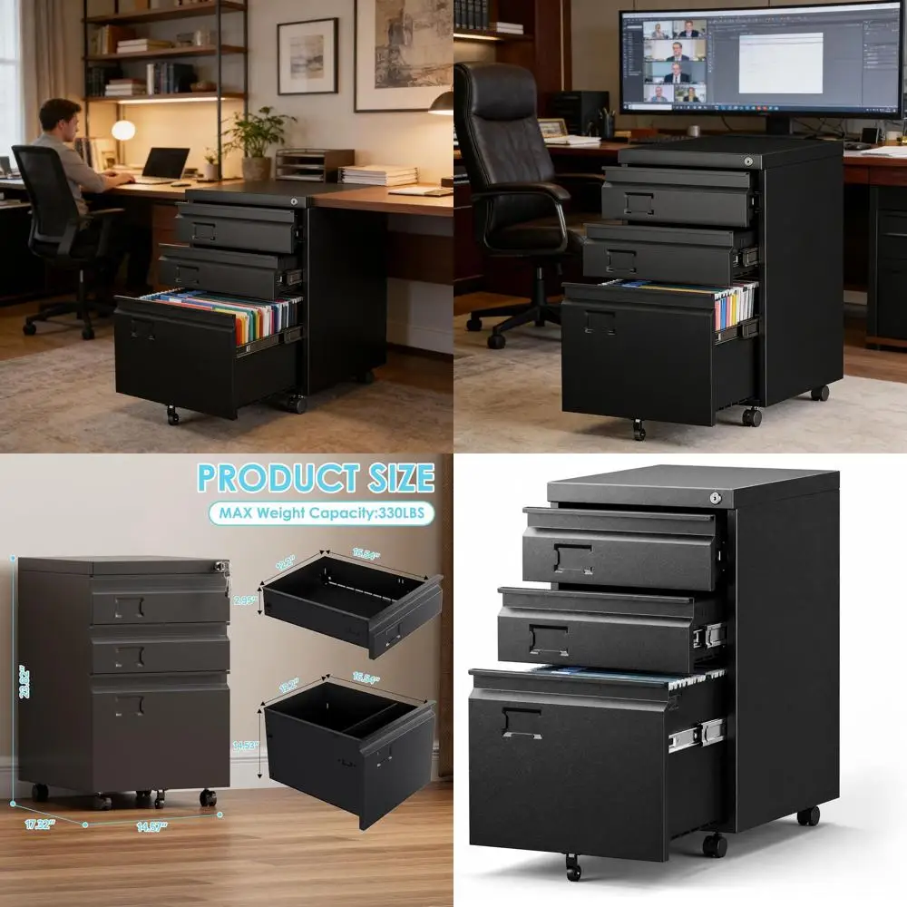 

Heavy-Duty Metal Mobile Filing Cabinet with Lock, Under Desk Storage, Legal/Letter/A4 Size, Assembly Required