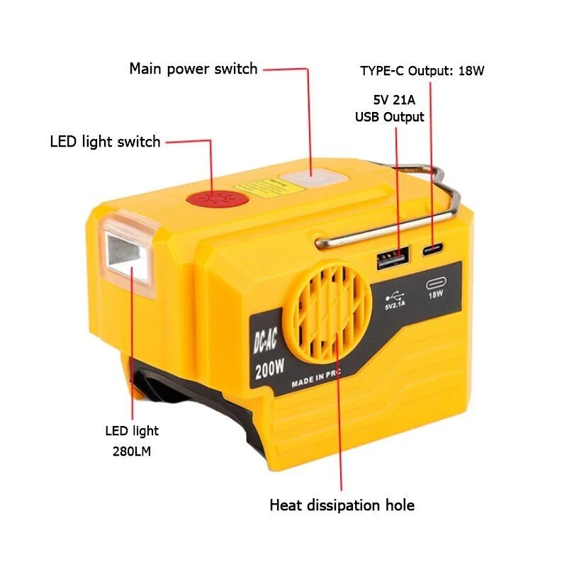 For Dewalt 20V 18V Lithium Battery Inverter Generator To AC 120V/220V Portable Inverter Power Station with LED Light