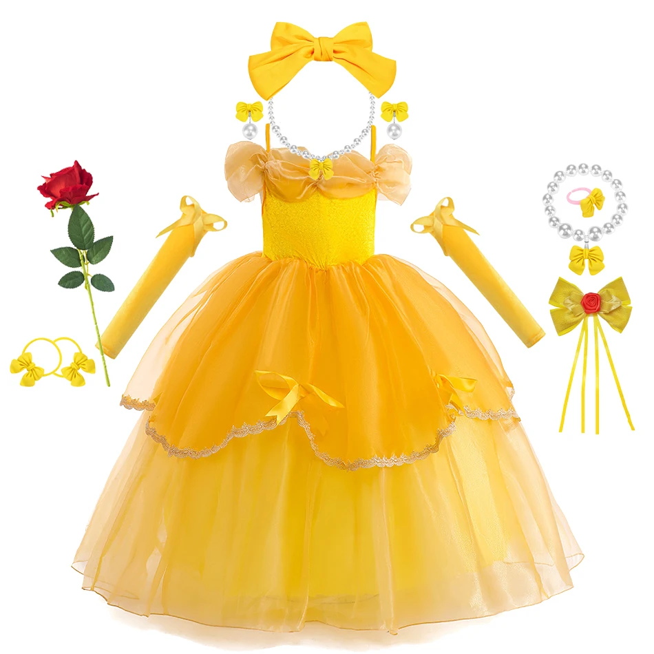 

Костюм «Красавица и чудовище» с кружевным тюлем и блестками, платье принцессы Диснея Белль, костюм для девочек с бесплатными перчатками, карнавальная одежда