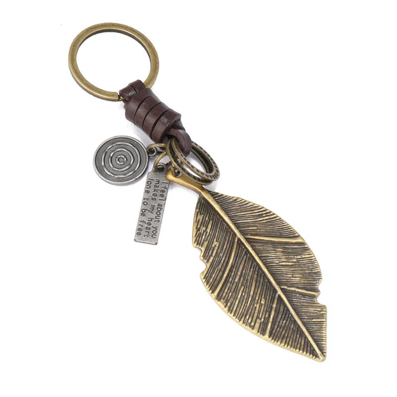 Fashion metal leaf pendant men keychains leather key ring