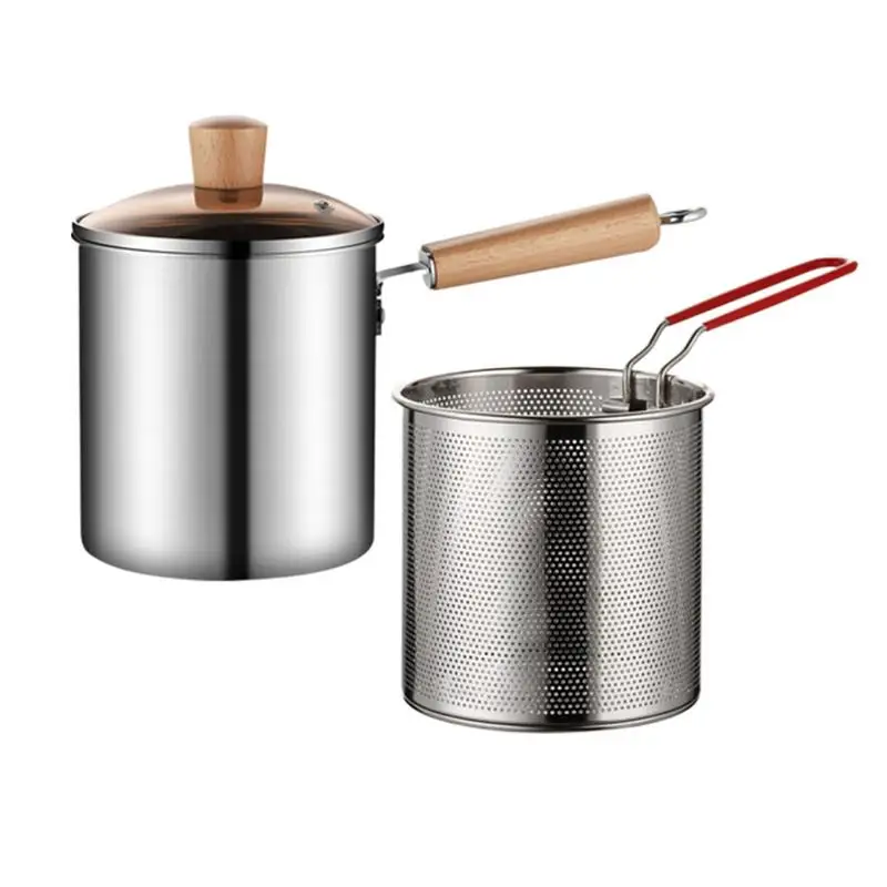 Stainless Steel Deep Fryer Pot Japanese Tempura Small Deep Frying Pan With Strainer Basket for French Fries Chicken Kitchen Pans